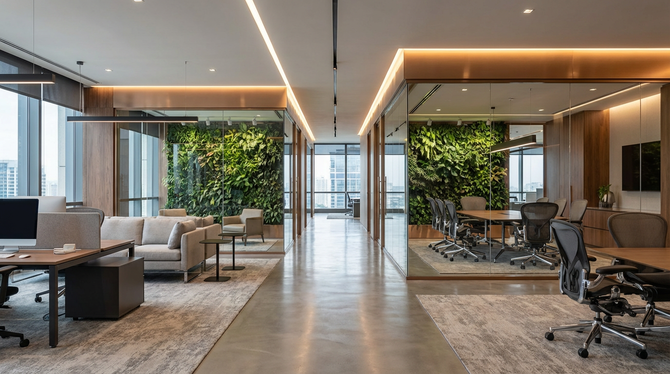 AI generated modern office interior visualization for commercial real estate - after AI enhancement